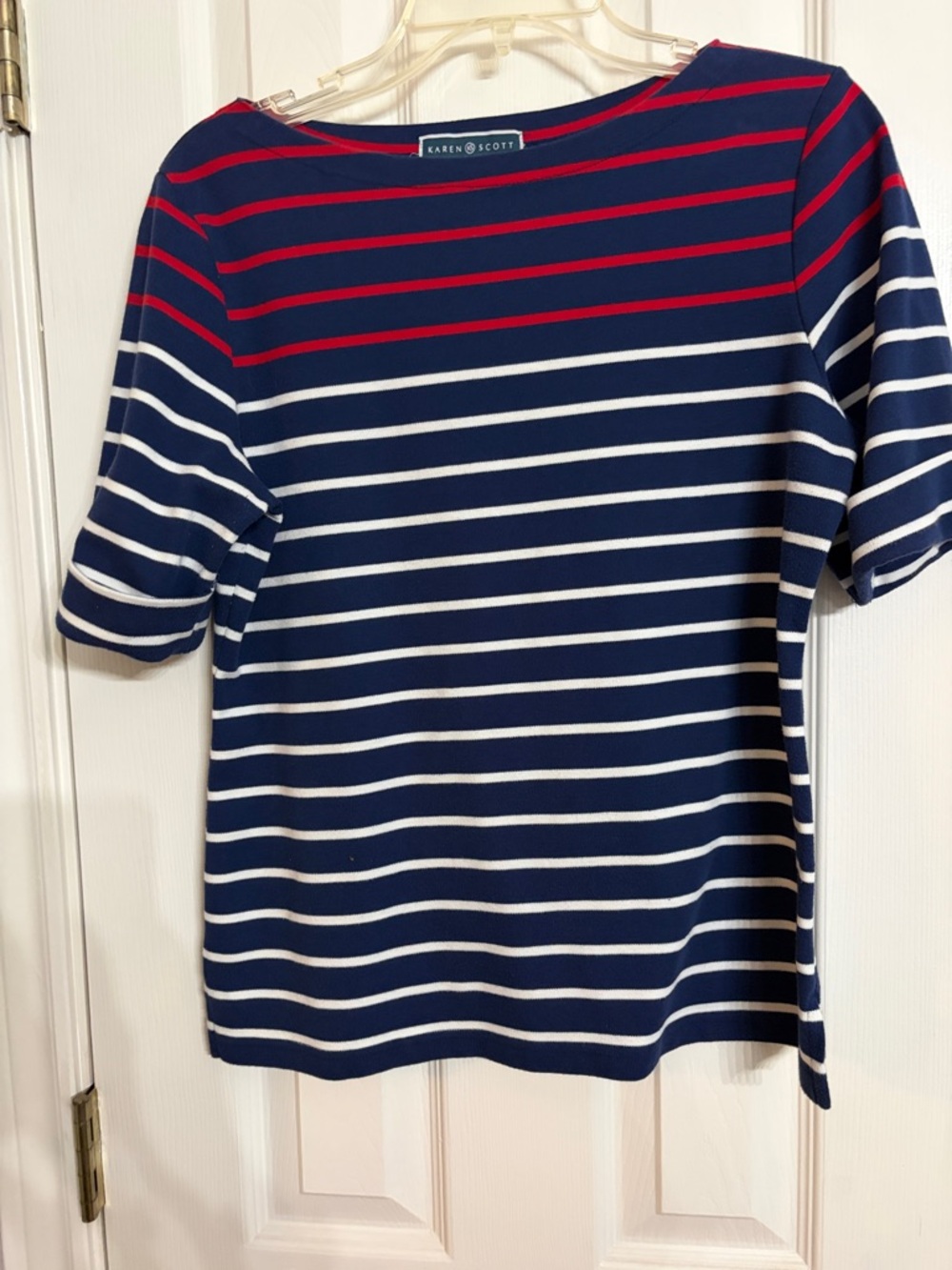 Karen Scott Navy White Striped Top with Red Accent